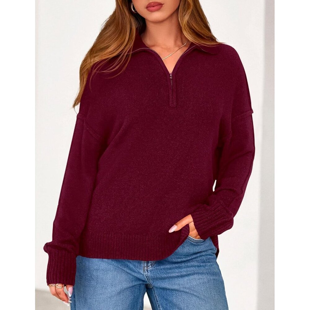 Women's V Neck Quarter Zip Sweater Fall Long Sleeve Collared Business Casual - Picture 5 of 8